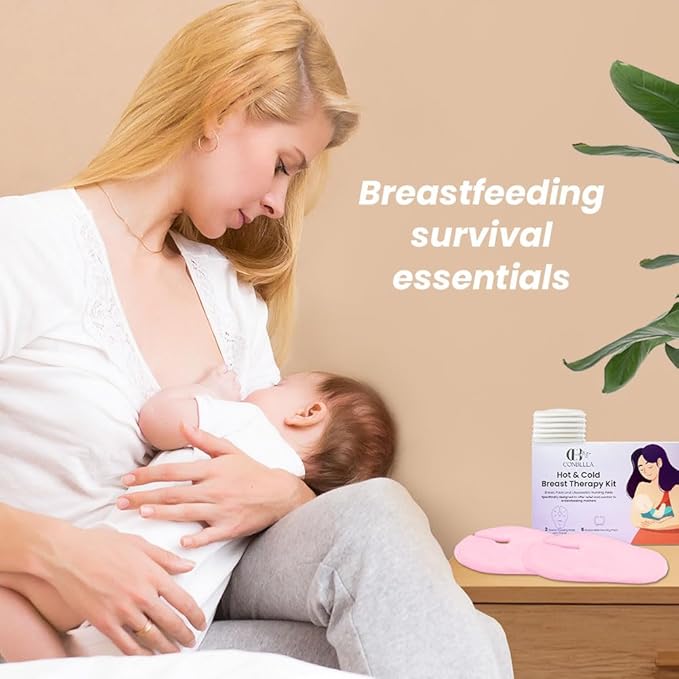 2 Larger Breast Ice Packs with Soft Covers and 6 Breast Pads for Leaking Milk, Hot and Cold Breast Therapy Packs, Breastfeeding Essentials for Relief of Clogged Ducts, Nipple Pain, Engorgement(Pink)-BubblyBeeBaby