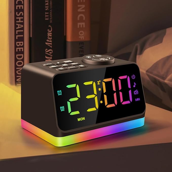 JALL Digital Alarm Clock with FM Radio for Bedroom, 8 Colors Night Light with Charging Port, Sleep Sound Machines with Timer, Dual Alarm (Black with RGB Font)-BubblyBeeBaby