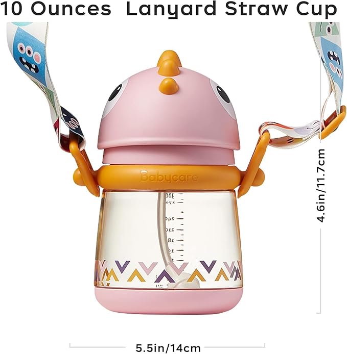 bc babycare Straw Sippy Cups for Toddler, No Spill Sippy Cups for Baby 1+ Year Old, Transition Weighted Sippy Cup with Straw and Strap, 10oz/300ml, Pink-BubblyBeeBaby