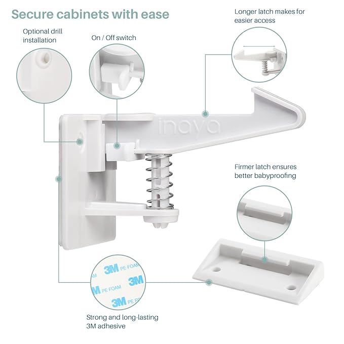 Inaya Cabinet Locks Child Safety Latches - Baby Proofing Cabinets & Drawers Locks - Child Proof Your Home - No Drilling & No Tools Required! (12 Pack - Extended Length Version)-BubblyBeeBaby