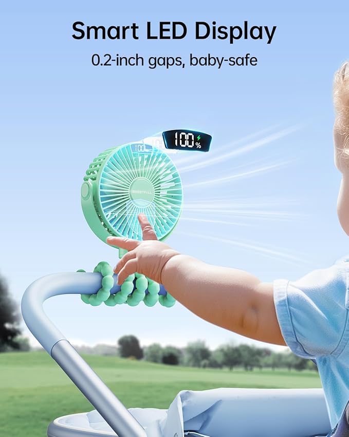 SWEETFULL Portable Stroller Fan with Display 4000mAh Battery Powered Mini Clip On Fan, 4-Speed Rechargeable Small Personal Cooling for Baby Car Seat Crib Travel - Green-BubblyBeeBaby