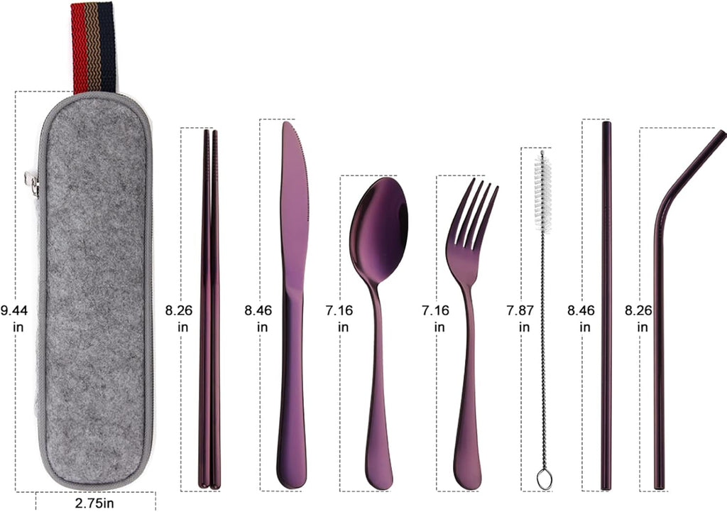 DEVICO Portable Utensils, Travel Camping Cutlery Set, 8-Piece including Knife Fork Spoon Chopsticks Cleaning Brush Straws Portable Case, Stainless Steel Flatware set (Purple)