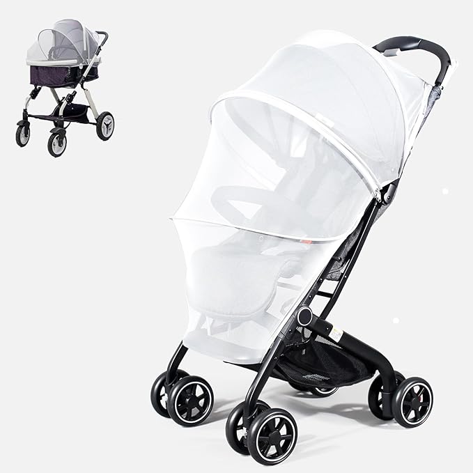 Mosquito Net for Stroller, Universal 3D Baby Bug Net with Two-Way Zippers & Storage Bag, Breathable & Foldable Netting for Stroller,Cradle（White）-BubblyBeeBaby