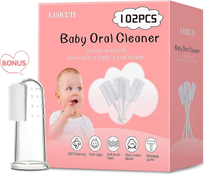 102PCS Baby Tongue Cleaner,Baby Oral Cleaner Newborn Baby Toothbrush,Disposable Infant Toothbrush Clean Baby Mouth,Gauze Gum Cleaner Stick Dental Care for 0-36 Month Baby+1 Finger Toothbrush with Case-BubblyBeeBaby
