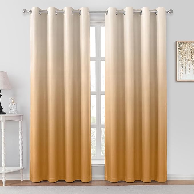 HOMEIDEAS Gold Ombre Blackout Curtains 52 X 84 Inch Length Gradient Room Darkening Thermal Insulated Energy Saving Grommet 2 Panels Window Drapes for Living Room, Bedroom-BubblyBeeBaby