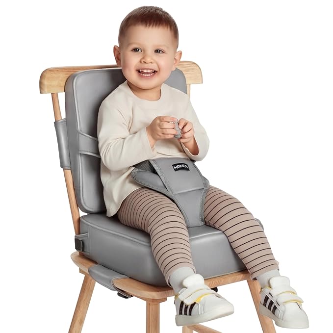 HOMEAL Toddler Booster Seat for Dining Table with Backrest and Adjustable Straps, Breathable Booster Seat for Kitchen Chair, Portable Non-Slip Bottom Booster Seat for Table, Light Grey-BubblyBeeBaby