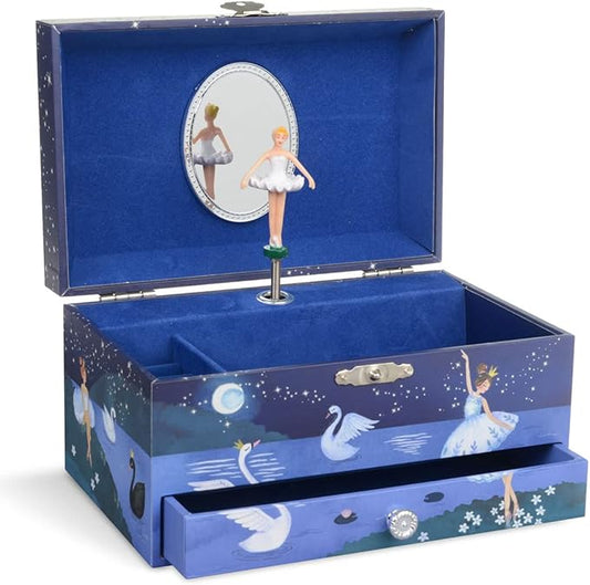 Jewelkeeper Girl's Ballerina Musical Jewelry Storage Box with Pullout Drawer, Glitter Design, Swan Lake Tune Blue-BubblyBeeBaby
