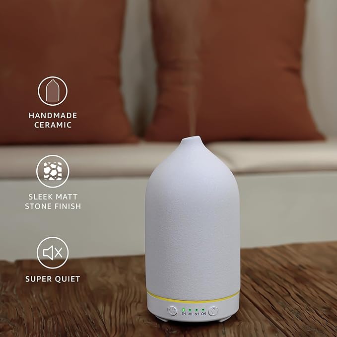 200ML Ceramic Essential Oil Diffuser - Ultrasonic Aromatherapy & Humidifier with 7-Color LED Lights, Auto Shut-Off, White, 1H/3H/6H Timer | Scent for Home,Office,Yoga-BubblyBeeBaby