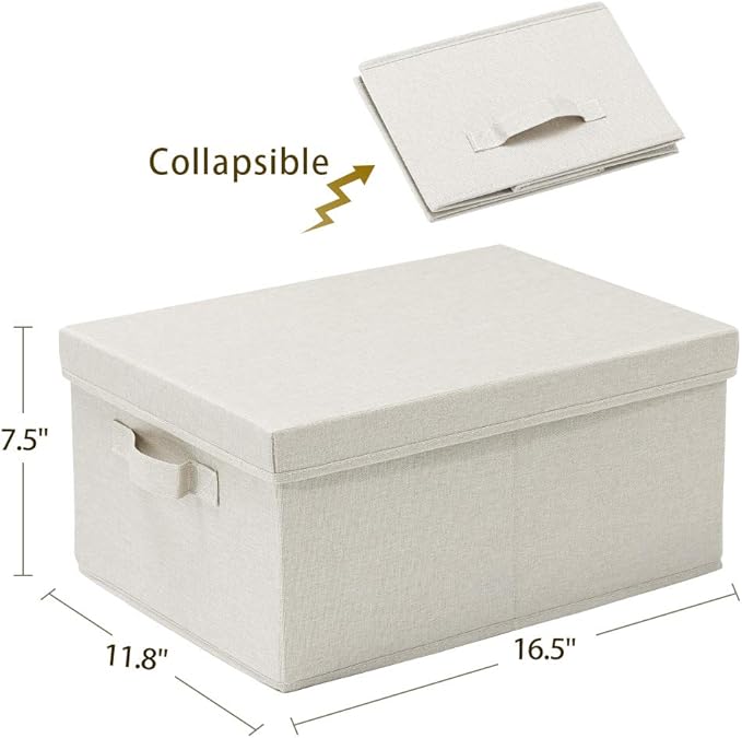 HOONEX Foldable Storage Bins with Lids, 2 Pack, Storage Boxes with Carrying Handles and Sturdy Heavy Cardboard, 16.5" L x 11.8" W x 7.5" H for Shoes, Books, Clothes, Linens, Beige-BubblyBeeBaby