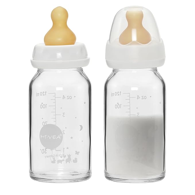 HEVEA Standard Neck Glass Baby Bottles - Natural Rubber Slow Flow Nipples - Anti Colic Baby Bottles for Breastfeeding Babies - Newborn 0+ Months - BPA-Free, Two-Pack (4 Oz)-BubblyBeeBaby