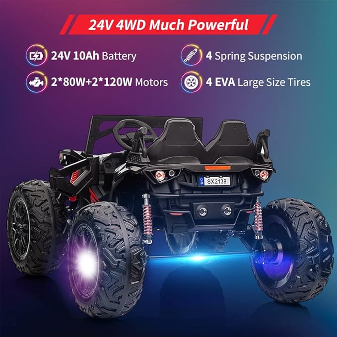 2 Seaters 24V Ride on UTV with Remote Control,10AH Battery, 400W Powerful Motors with 17" EVA Wheels, 20.5“ Seat Width Electric Ride Toy with Metal Suspension,LED Lights,Music,Horn (Black)-BubblyBeeBaby