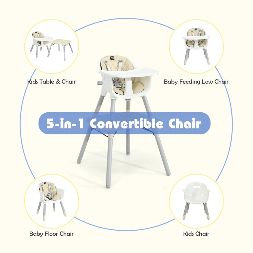 HONEY JOY 5-in-1 High Chair, Convertible Highchair for Babies and Toddlers/Kids Chair Table Set/Infant Feeding Chair w/Safety Harness, PU Leather Cushion & Removable Food Tray (Beige)