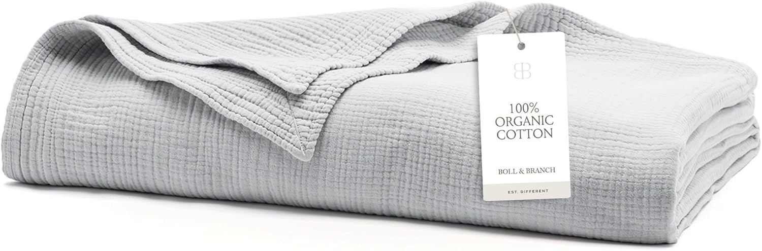 BOLL & BRANCH Dream Bed Blanket - King/Cal King, Sky - Luxury 100% Organic Cotton - Soft, Lightweight and Breathable - Cloud-Like Touch