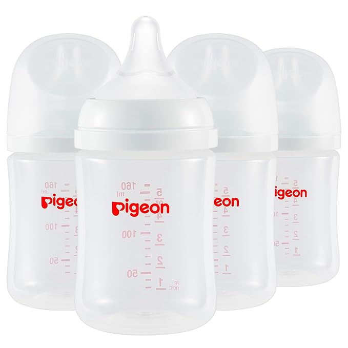 Pigeon PP Nursing Bottle Wide Neck, Anti-Colic, Streamlined Body, Natural Feel, Easy to Clean, 5.4 Oz (Pack of 4), Includes 4pcs SS Nipples (0m+)-BubblyBeeBaby