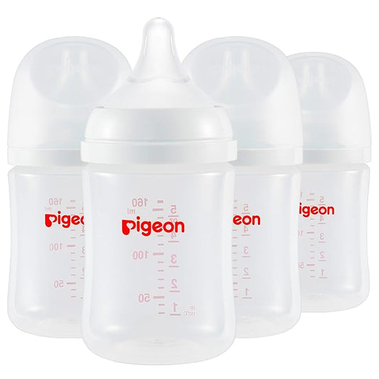 Pigeon PP Nursing Bottle Wide Neck, Anti-Colic, Streamlined Body, Natural Feel, Easy to Clean, 5.4 Oz (Pack of 4), Includes 4pcs SS Nipples (0m+)-BubblyBeeBaby