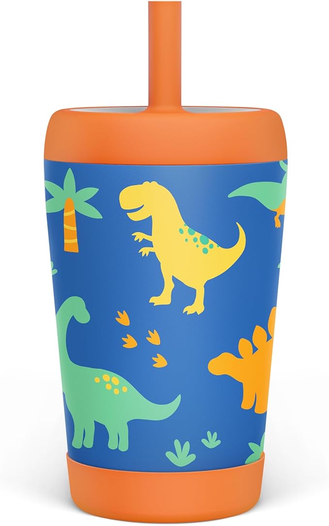 Kid Insulated Stainless Steel Tumbler with Silicone Straw, 12oz Sippy Cup for Kids (Dinosaurs)-BubblyBeeBaby