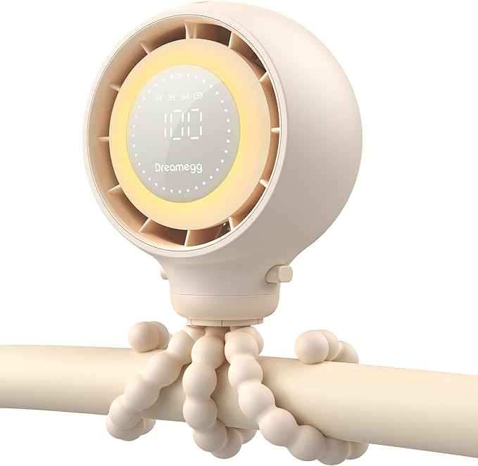 Dreamegg Portable Stroller Fan - 4000mAh Rechargeable Baby Stroller Fan With LED Display, Night Light, Hidden Blade, Detachable 4 Speed 360°Rotate, Handheld Cooling for Crib,Travel, Car Seat, Bedroom-BubblyBeeBaby