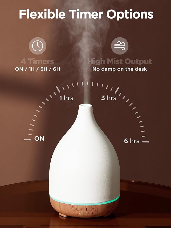 InnoGear Oil Diffuser, 300ML Ceramic Diffuser for Essential Oils Handcrafted Aromatherapy Diffuser Ultrasonic Cool Mist Humidifier with 4 Timers Waterless Auto Off for Room Office, White-BubblyBeeBaby