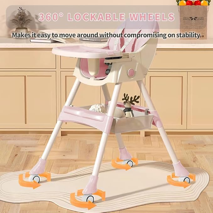 High Chairs for Babies and Toddlers, 4 in 1 Convertible Baby High Chair, Portable High Chair for Travel with Adjustable Height and Back, Foldable HighChair with Wheels& Pu Cushion-BubblyBeeBaby