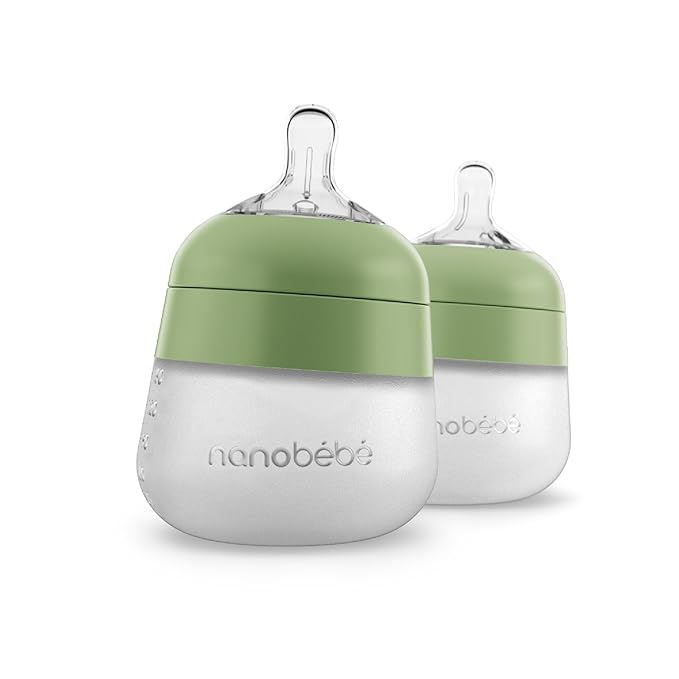 Nanobebe Flexy Silicone Baby Bottle, Anti-Colic, Natural Feel, Non-Collapsing Nipple, Non-Tip Stable Base, Easy to Clean 2-Pack, Sage, 5 oz-BubblyBeeBaby