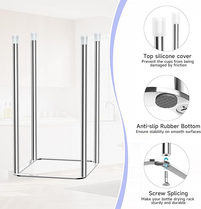 Water Bottle Drying Rack Reusable Bottle Rack Dryer Kitchen Stand Holder Stainless Steels Countertop Baby Bottle Drying Rack Water Cup Drying Rack for Plastic Bags, Bottles and Cups Silver-BubblyBeeBaby