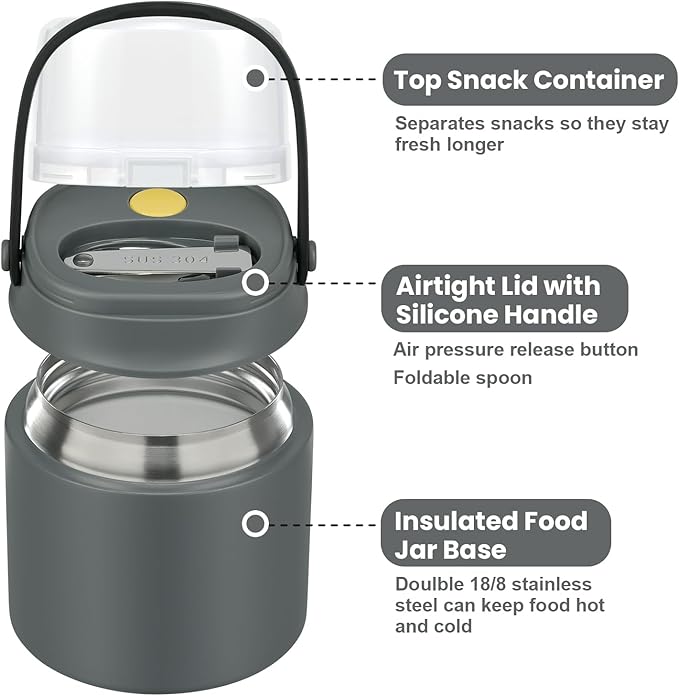 2-in-1 Insulated Food Jar & Snack Container - 15oz Kids Soup Thermos for Hot Food with Handle and Spoon, Leak Proof Reusable Toddler Snack Box, Perfect for School & Travel, Grey-BubblyBeeBaby