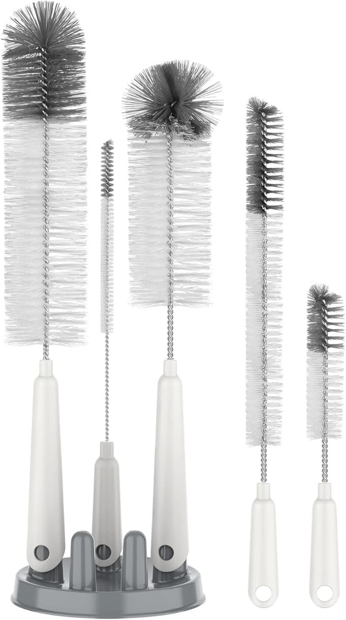 MR.SIGA 5 Pack Bottle Brush Cleaning Set with Storage Holder, Cleaning Brushes for Long Narrow Neck Bottles, Water Bottles, Baby Bottles, Tumblers, Drinking Glasses, Strews-BubblyBeeBaby