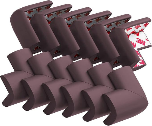 12 Pack Soft Corner Protector Baby Proofing Edge and Corner Guards, Table Corner Protectors for Furniture, Safety Pre-Taped Rubber Corner Covers for Fireplace, Stair, Cabinet (Brown)-BubblyBeeBaby