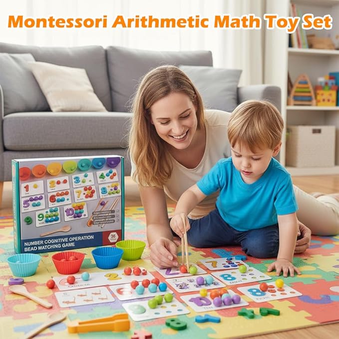 Montessori Arithmetic Math Toy Set, Toddler Wooden Montessori Toys for 2 3 4 5 6 Years Old, Number Cognitive Clip Bead Matching Game, Boy Girl Birthday Gift-BubblyBeeBaby