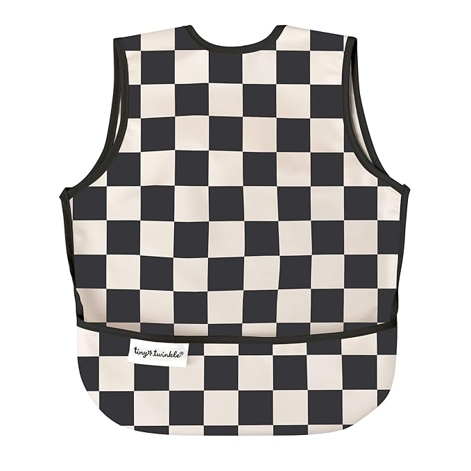 Tiny Twinkle Mess Proof Baby Bib - Waterproof & Lightweight Baby-Led Weaning Apron | 100% Recycled Polyester, Easy Clean & Machine Washable (Black Checkers, Small 6-24 Months)-BubblyBeeBaby