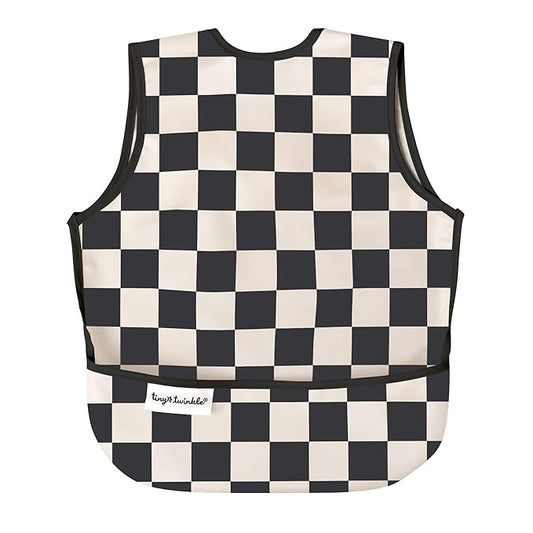 Tiny Twinkle Mess Proof Baby Bib - Waterproof & Lightweight Baby-Led Weaning Apron | 100% Recycled Polyester, Easy Clean & Machine Washable (Black Checkers, Small 6-24 Months)-BubblyBeeBaby