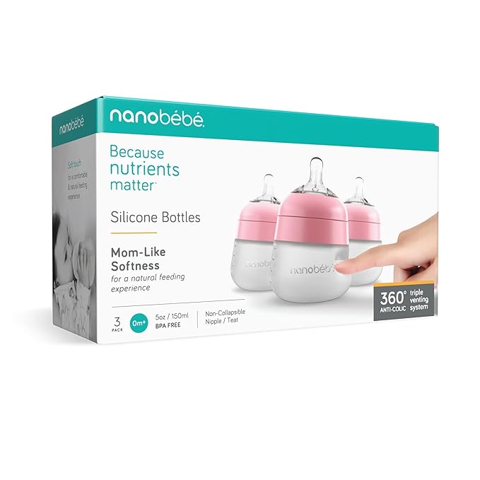 Nanobebe Flexy Silicone Baby Bottle, Anti-Colic, Natural Feel, Non-Collapsing Nipple, Non-Tip Stable Base, Easy to Clean 3-Pack, Pink, 5 oz-BubblyBeeBaby