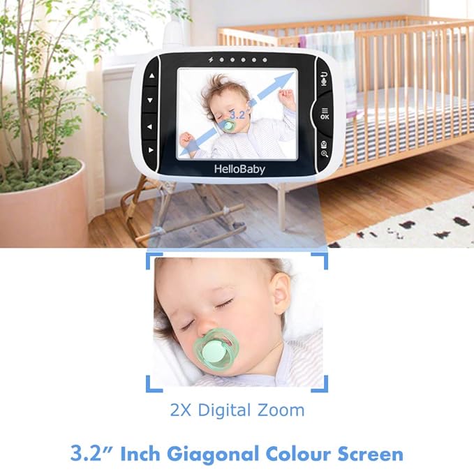 HelloBaby Video Baby Monitor with Remote Camera Pan-Tilt-Zoom, 3.2'' Color LCD Screen, Infrared Night Vision, Temperature Display, Lullaby, Two Way Audio-BubblyBeeBaby