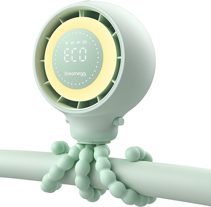 Dreamegg Portable Stroller Fan - 4000mAh Rechargeable Baby Stroller Fan With LED Display, Night Light, Hidden Blade, Detachable 4 Speed 360°Rotate, Handheld Cooling for Crib,Travel, Car Seat(Green)-BubblyBeeBaby