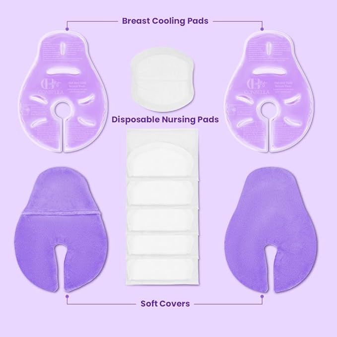 2 Larger Breast Ice Packs with Soft Covers and 6 Breast Pads for Leaking Milk, Hot and Cold Breast Therapy Packs, Breastfeeding Essentials for Relief of Clogged Ducts, Nipple Pain, Engorgement-BubblyBeeBaby