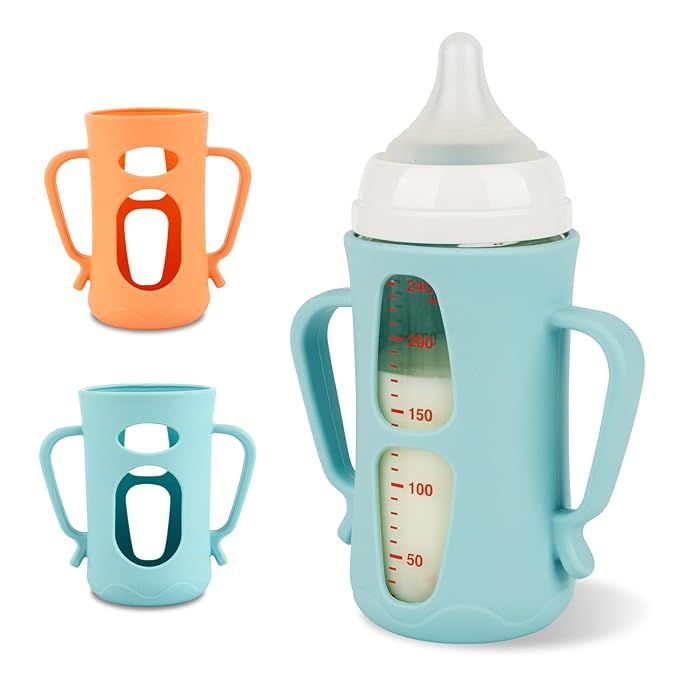 Silicone Sleeves for Pigeon Baby Bottles 8.1 oz,Anti Breakage Glass Baby Bottle Holder with Handles 2 Pack-BubblyBeeBaby