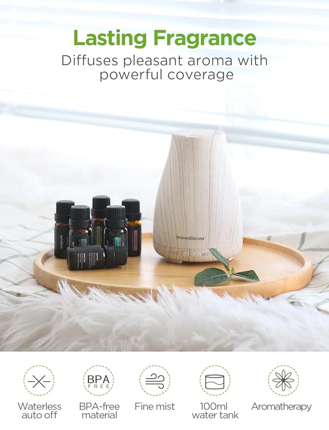 InnoGear Essential Oil Diffuser with Oils, 100ml Aromatherapy Diffuser with 6 Essential Oils Set, Aroma Cool Mist Humidifier Gift Set, Grey Wood Grain-BubblyBeeBaby
