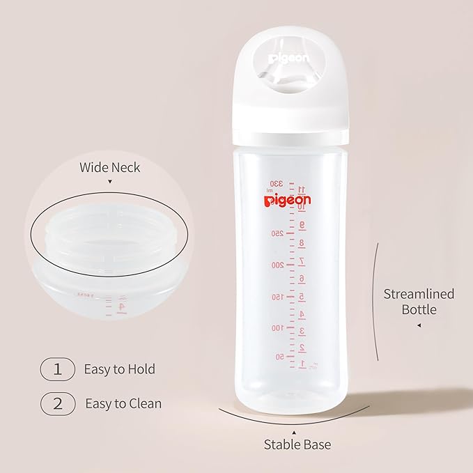 Pigeon PP Nursing Bottle Wide Neck, Anti-Colic, Streamlined Body, Natural Feel, Easy to Clean, 11.2 Oz (Pack of 3), Includes 3pcs L Nipples (6m+)-BubblyBeeBaby