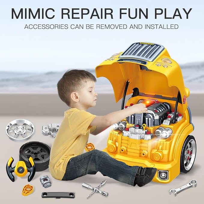 Interactive Truck Engine Toy with Removable Parts - Lights, Sounds, and Fun for Young Mechanics -Unleash Their Creativity and Motor Skills with This Truck Engine Toy (Yellow)-BubblyBeeBaby