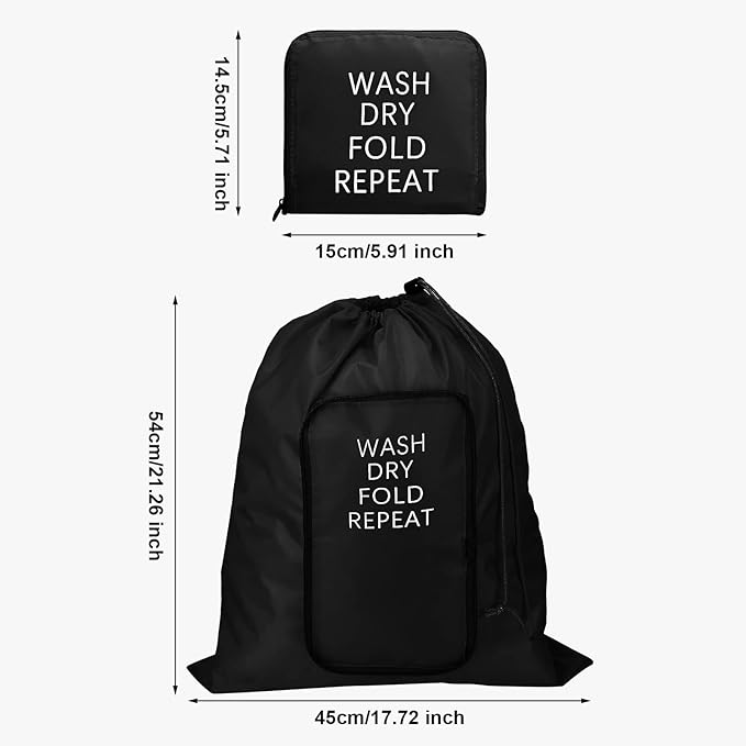 2 Pcs Travel Laundry Bag Washable Dirty Clothes Bag with Drawstring and Zipper for Suitcase, 22 x 18 Inch (Black,Classic)-BubblyBeeBaby