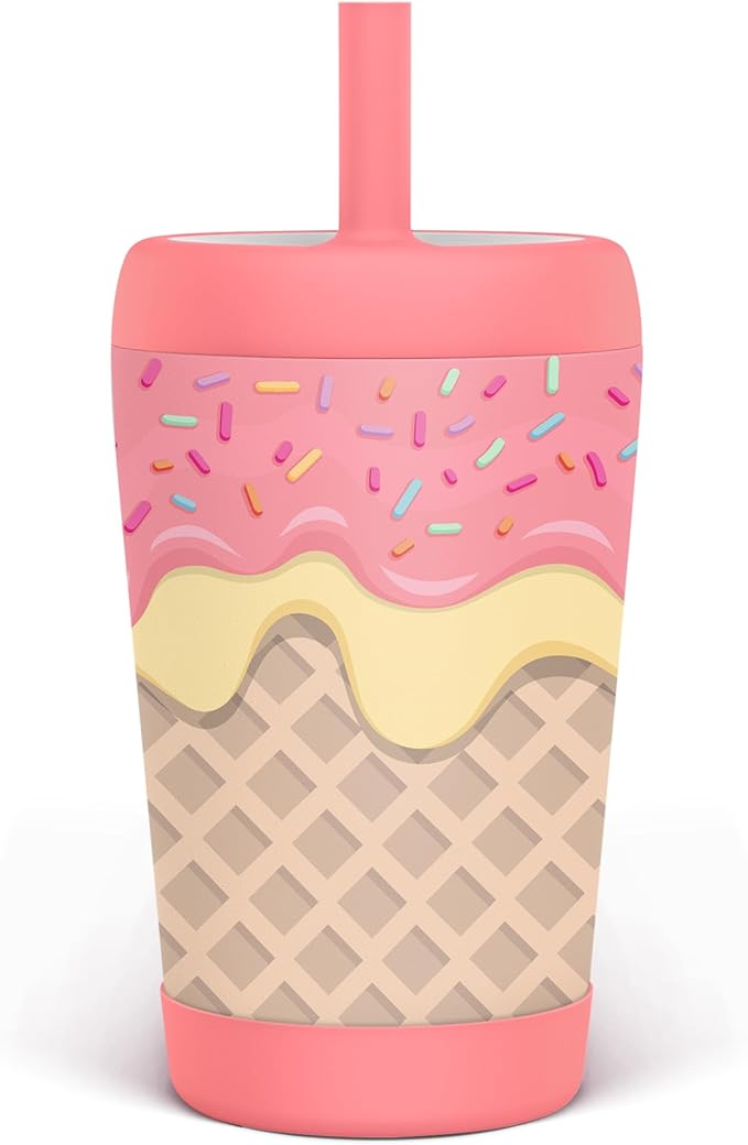 Kid Insulated Stainless Steel Tumbler with Silicone Straw, 12oz Sippy Cup for Kids (Sweet Ice Cream)-BubblyBeeBaby