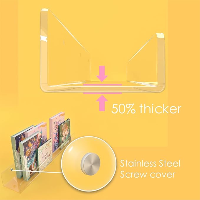 24 inches Wall Mounted Kids Bookshelf, Clear Acrylic Display Book Shelves for Kids Room Nursery Toddler Classroom 2 Packs-BubblyBeeBaby