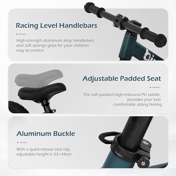 12" Balance Bike for 2, 3, 4, 5 Year Old Boys and Girls, Lightweight Nylon Frame Toddler Training Bike No Pedal Bikes for Kids with Adjustable Seat and Air Tires-BubblyBeeBaby