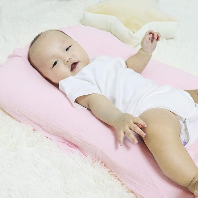Hooyax Muslin Baby Lounger Cover Soft Organic Cotton Slipcover Fits Newborn Lounger for Baby Boys and Girls (Pink)-BubblyBeeBaby