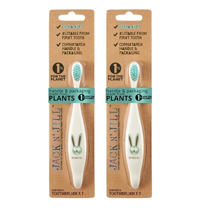Jack N' Jill Kids Toothbrush - Extra Soft Bristle Toothbrush for Kids, Handle & Packaging Made from Plants (Corn), Ergonomic Handle for Little Hands - Bunny Baby (2 Pack)-BubblyBeeBaby