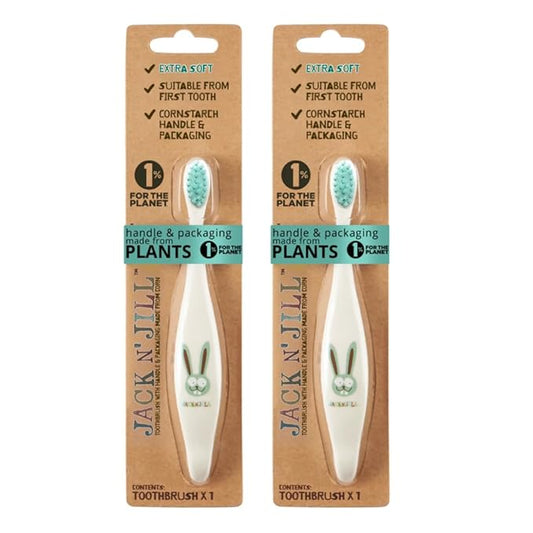 Jack N' Jill Kids Toothbrush - Extra Soft Bristle Toothbrush for Kids, Handle & Packaging Made from Plants (Corn), Ergonomic Handle for Little Hands - Bunny Baby (2 Pack)-BubblyBeeBaby