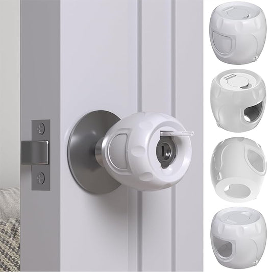 Innovative Door Knob Safety Cover for Kids (4 Pack) New Hidden Holes Covers and Lockable Design Babyproof Door knob Handle Cover - No Screwdriver or Tools Needs-BubblyBeeBaby
