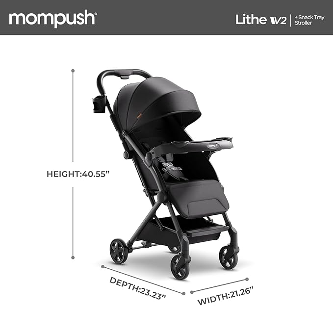 Mompush Lithe V2 Lightweight Travel Stroller, Compact Foldable Baby Stroller with Travel Bag, One-Hand Fold Stroller, Snack Tray, Mechanical Recline Seat, Airplane-Ready, Organizer & Rain Cover-BubblyBeeBaby