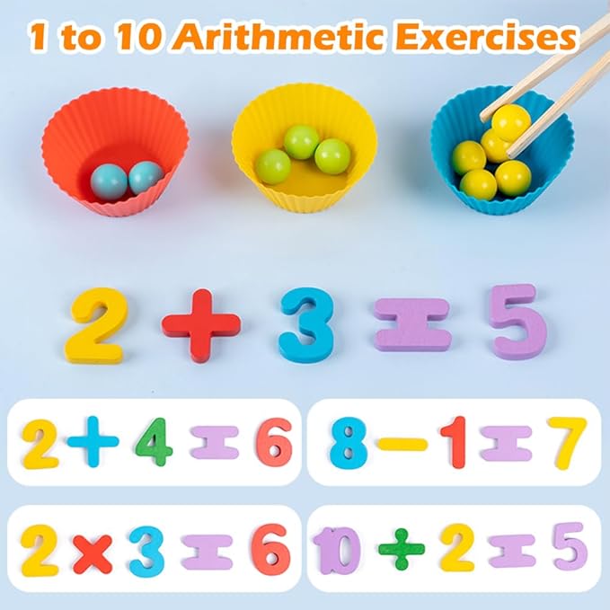 Montessori Arithmetic Math Toy Set, Toddler Wooden Montessori Toys for 2 3 4 5 6 Years Old, Number Cognitive Clip Bead Matching Game, Boy Girl Birthday Gift-BubblyBeeBaby