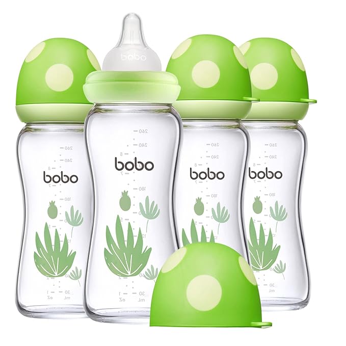 YOHKOH Natural Glass Baby Bottle with Natural Response Nipple, Newborn Anti-Colic Baby Bottles, Wide Neck Mushroom Cap Baby Bottle, Clear (8.8oz (Pack of 4), Green)-BubblyBeeBaby
